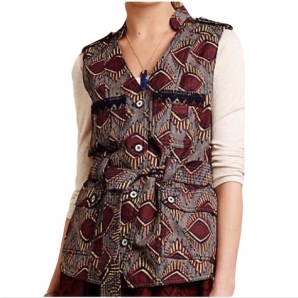 ANTHROPOLOGIE ELEVENSES Vest Women's Size Small Geo Vest Linen Brown Safari - Picture 13 of 13
